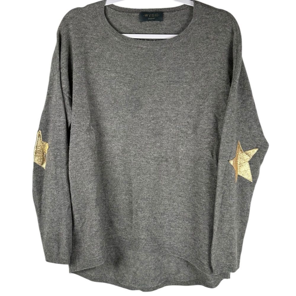 WYSE London Gray 100% Cashmere Gold Star Elbow Patch Crew Sweater Size 3/US 8